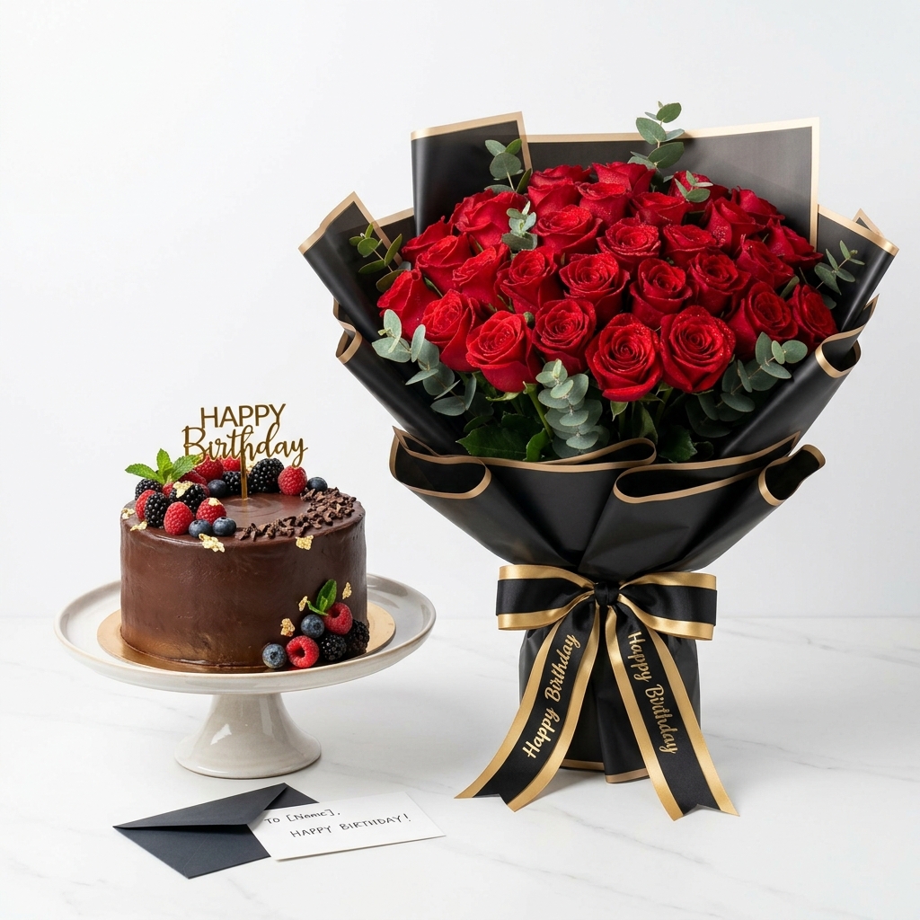 Chocolate Fudge Cake & 18 Red Roses Combo fresh flower delivery in Pakistan
